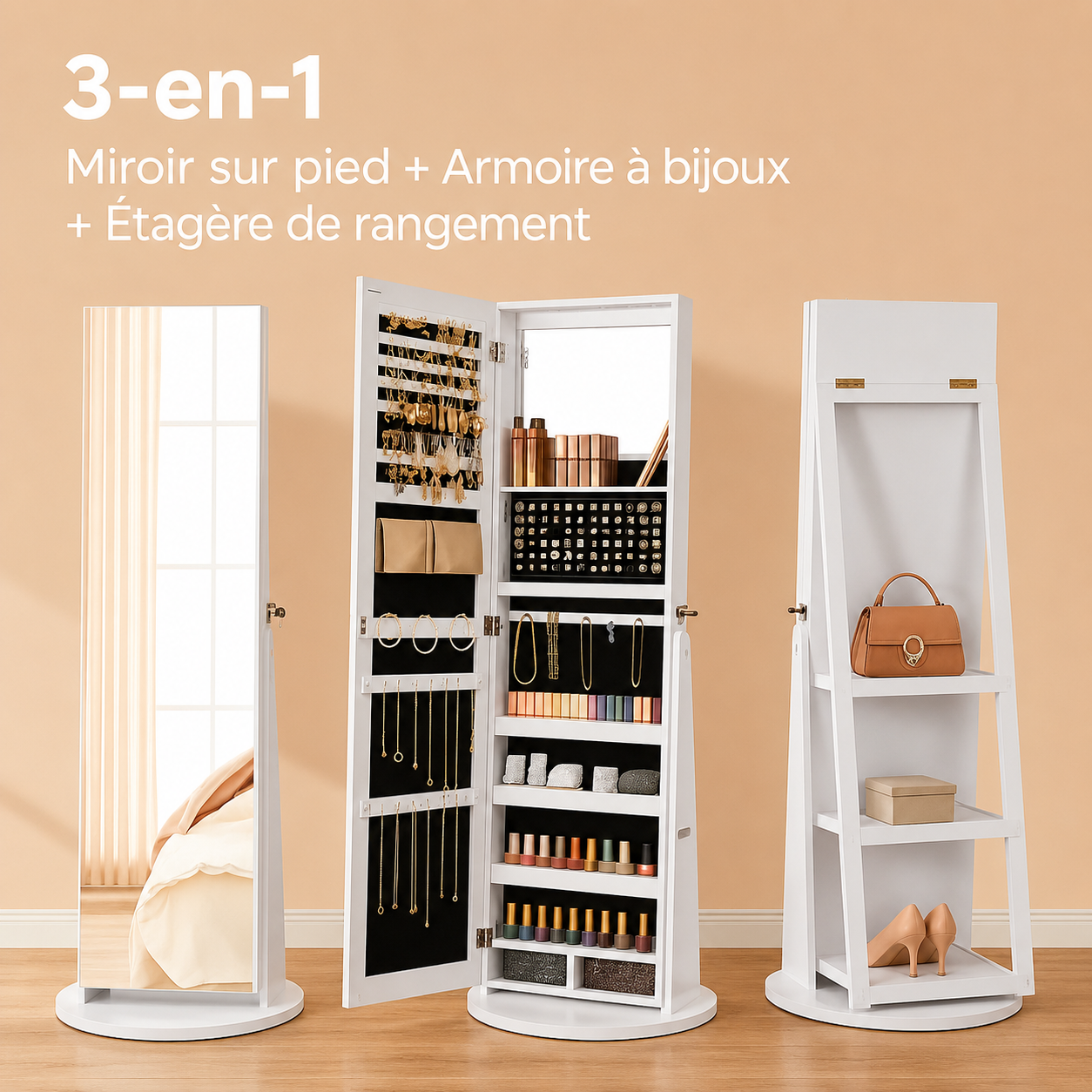 🔥 Miroir 3-en-1 avec Étagère & Organisateur de Bijoux – Style, Rangement & Éclairage Parfait