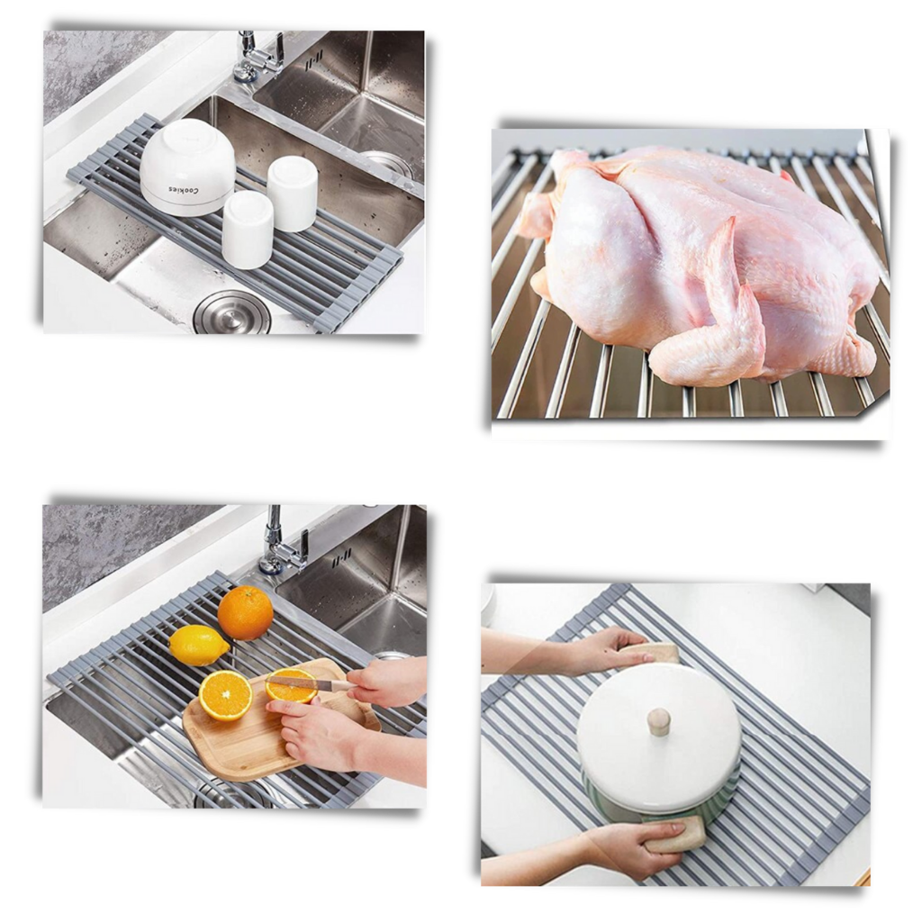 Egouttoir enroulable en acier inoxydable pour vaisselle et aliments