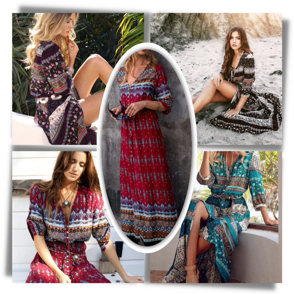 Robe longue à col en V de style bohème